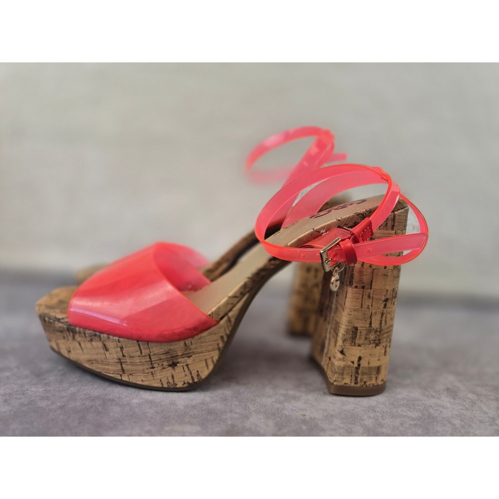 GBG Los Angeles Queen Neon Pink Translucent Cork Platform Heels Size 9M NWOB